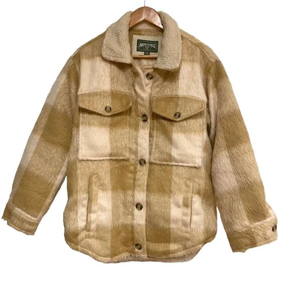 American Eagle Sherpa Jacket Women's Small  Terry Lined Tartan Plaid Shacket - Picture 1 of 9